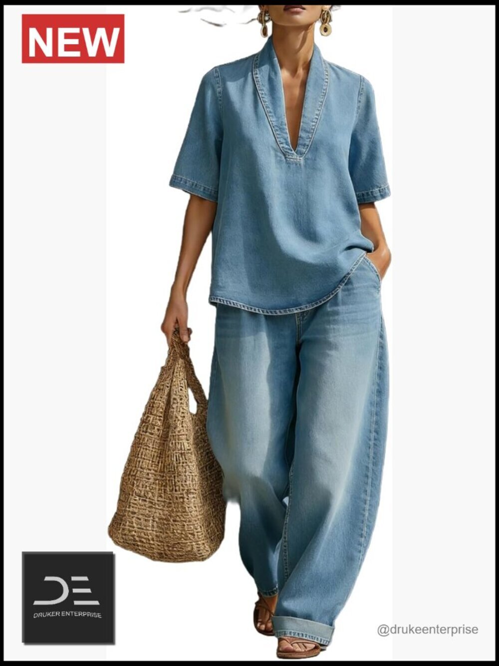 Women 2 Piece Short Sleeve V Neck Loose Top and Wide Leg Pants Set